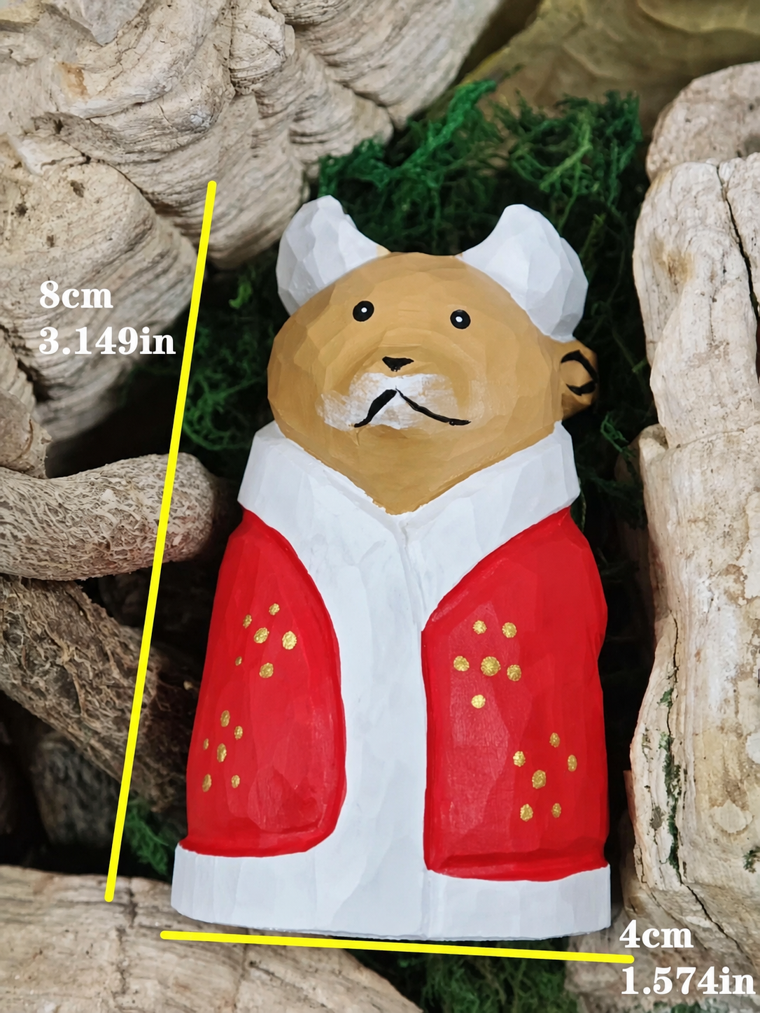 Hand Carved Wooden Reindeer Figurine, Red & Beige Holiday Robe, 8cm - Preful Good