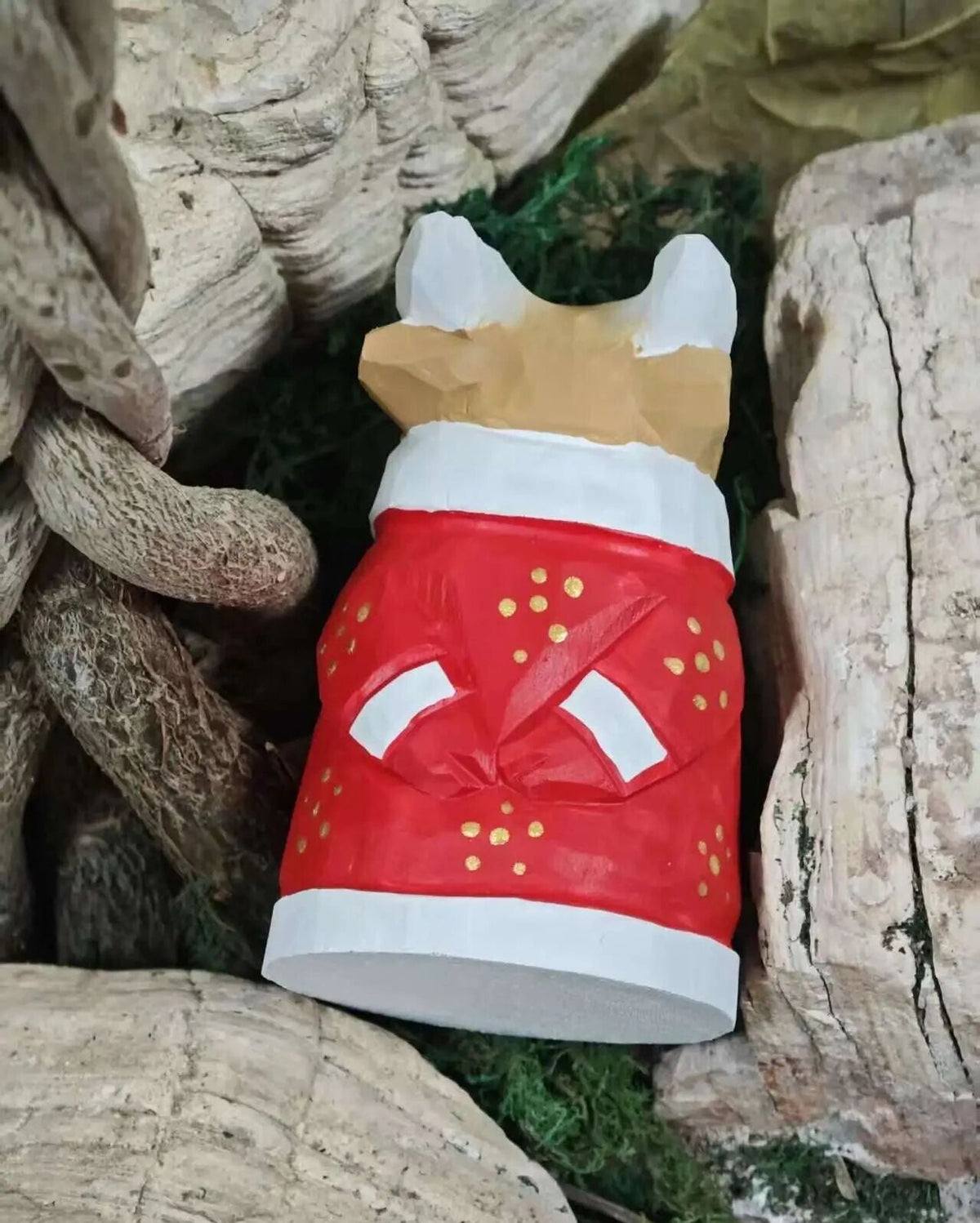 Hand Carved Wooden Reindeer Figurine, Red & Beige Holiday Robe, 8cm - Preful Good